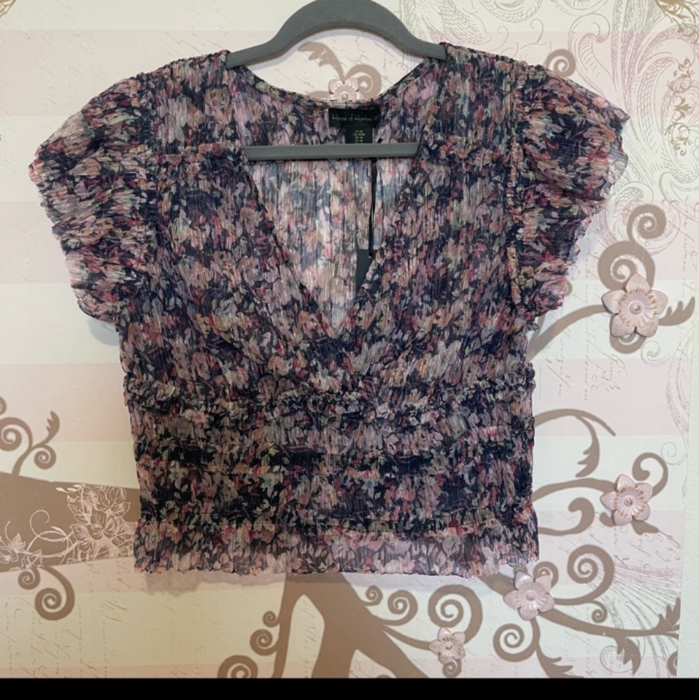 House of Harlow 1960 Floral Sheer Crop Top in Navy, Pink and Cream